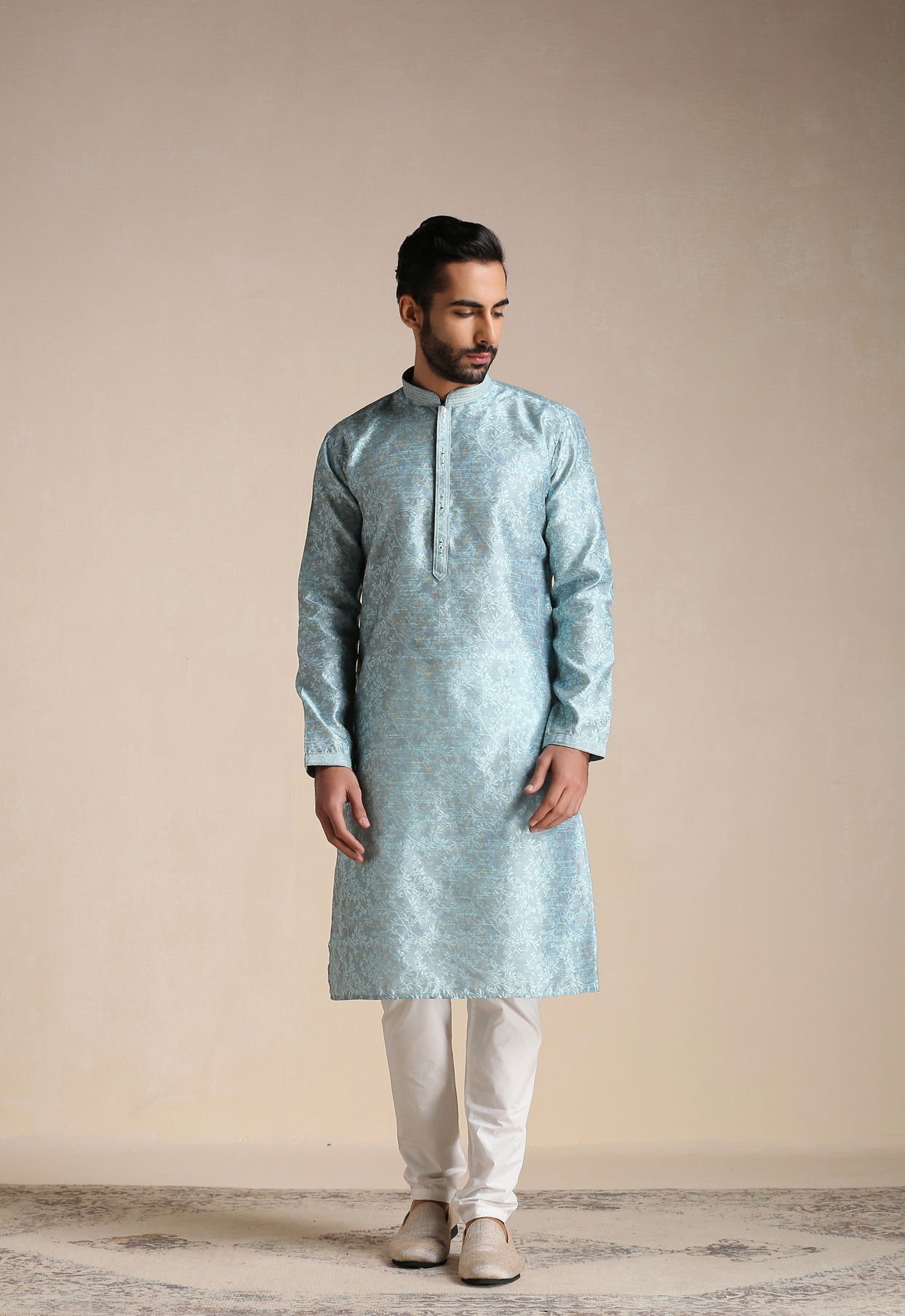 alt message - Manyavar Men Aquamarine Blue Jacquard Pattern Kurta Set image number 1